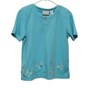 Alfred Dunner Butterfly Embroidered Top Womens Petite Medium Blue Short Sleeve